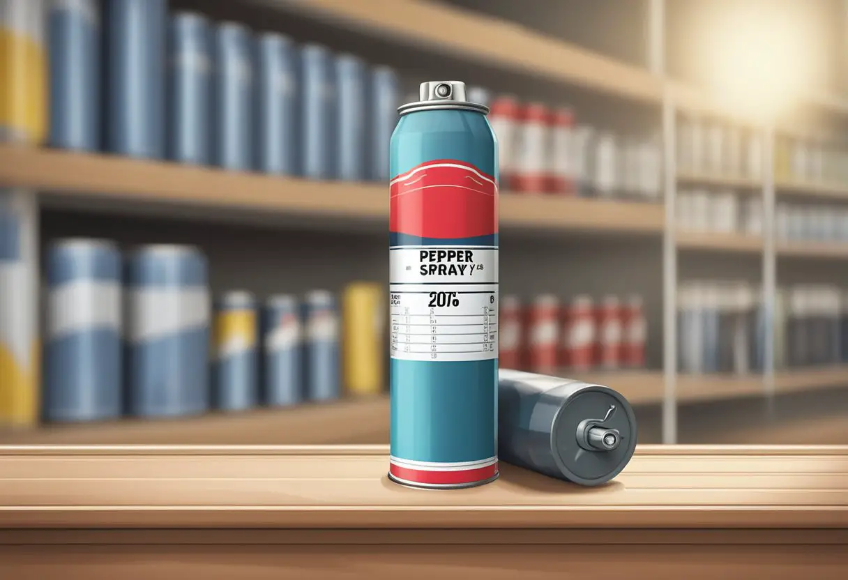 A can of pepper spray sits on a shelf, its label faded with time. A calendar in the background shows the current date, emphasizing the question: "does pepper spray expire?"