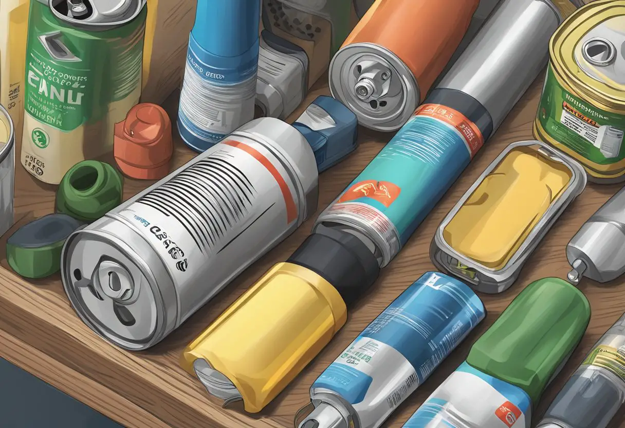 A can of pepper spray sits on a shelf, surrounded by other expired items