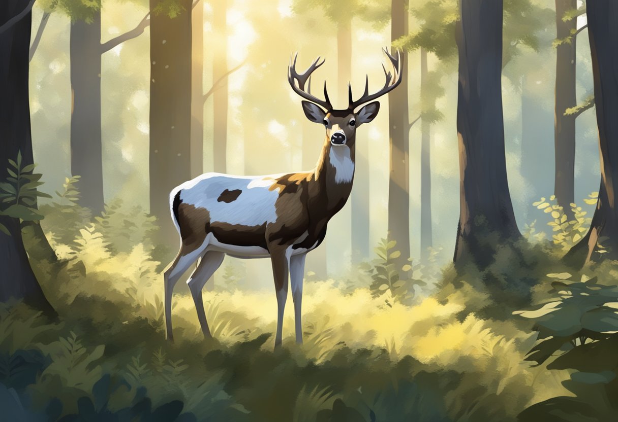A piebald deer stands in a lush forest clearing, its coat a mix of white and brown patches. Sunlight filters through the trees, casting dappled shadows on the ground
