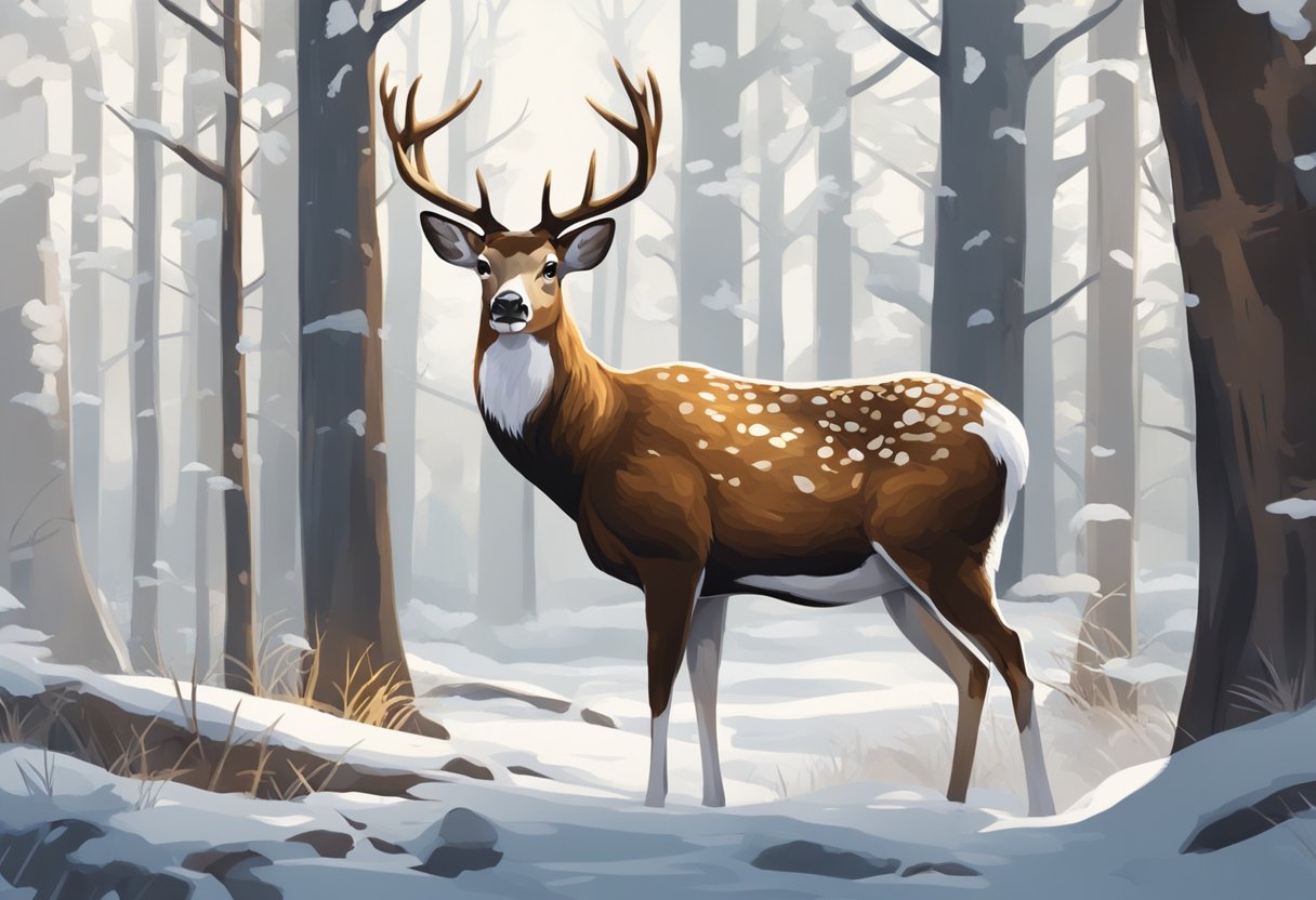 A piebald deer stands out in the forest, its white patches contrasting with its brown fur. It cautiously scans its surroundings, alert for any signs of danger