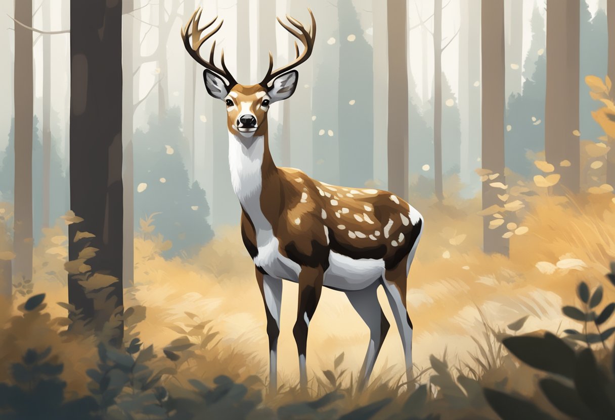 A piebald deer standing in a forest clearing, with distinct patches of white and brown fur, and a curious expression on its face