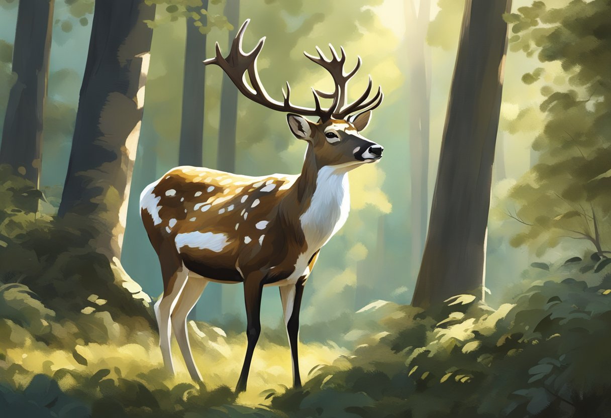 A piebald deer stands in a lush forest clearing, its coat a mix of white and brown patches. Sunlight filters through the trees, casting dappled shadows on the ground