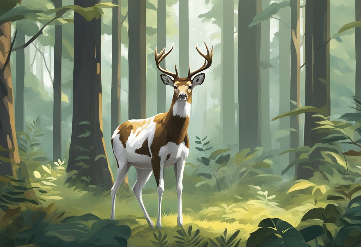 A piebald deer stands in a lush forest, its coat displaying patches of white and brown. Nearby scientists observe and discuss genetic research implications