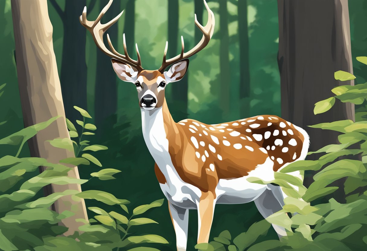 A piebald deer stands in a lush forest, its unique white and brown patches contrasting against the green foliage. It looks alert, its ears perked and eyes focused, embodying the beauty and rarity of this unique species