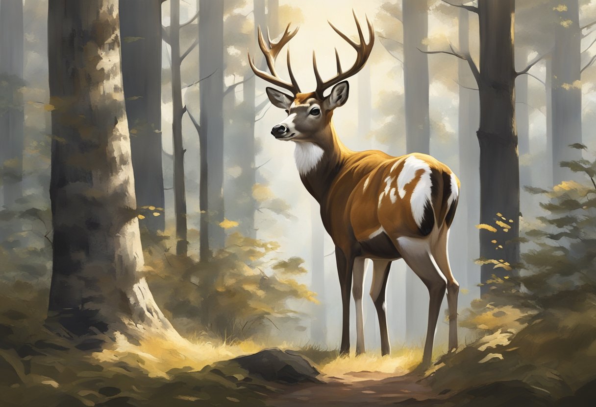 A piebald deer stands majestically in a forest clearing, its unique white and brown patches symbolizing rarity and mystique. The dappled sunlight highlights its striking appearance, evoking a sense of wonder and reverence